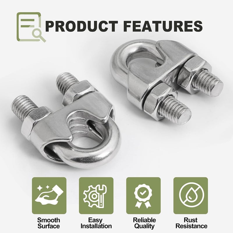 Jamiikury 4pcs M12 Wire Rope Clamp, 7/16 inch Cable Clamps Stainless Steel Wire Rope Clips - Image 2